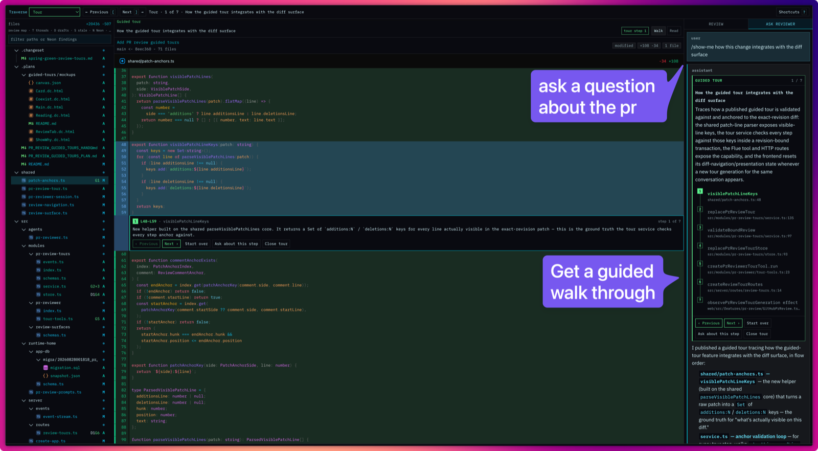 Neondeck’s guided PR tour showing an agent-led walkthrough alongside a local diff viewer.