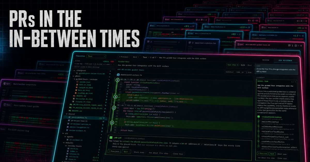 PRs in the in-between times over a neon collage of pull requests and the Neondeck review interface.